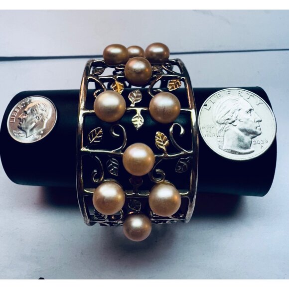 **Vintage 925 Sterling Silver Cuff Bracelet w/ Pearls & Leaf Filigree, Size 6” - Picture 6 of 9